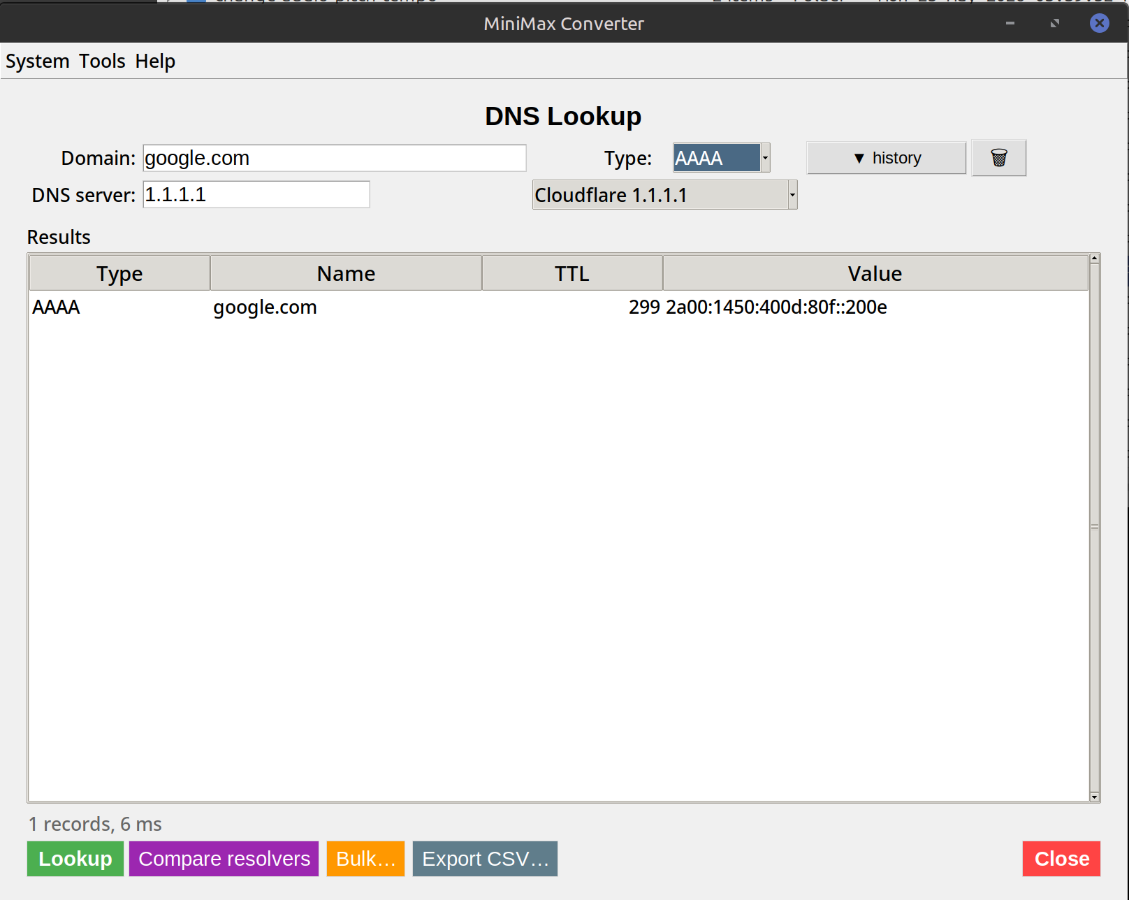 DNS Lookup — A, AAAA, MX, TXT, NS, CNAME, SOA — screenshot