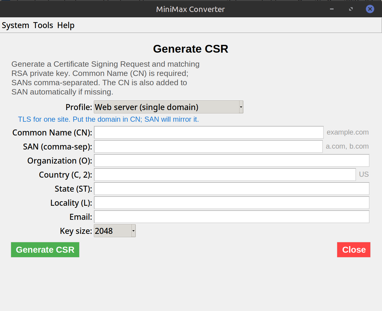 Generate a CSR — Certificate Signing Request — screenshot