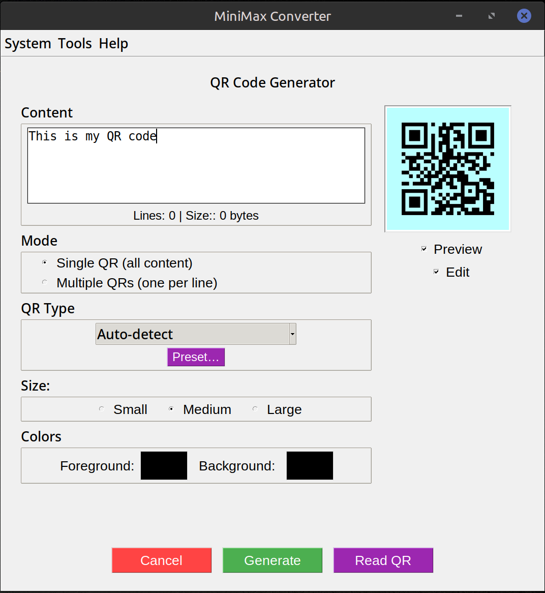 Generate QR Codes — WiFi, vCard, Email, Geo, Any Text screenshot