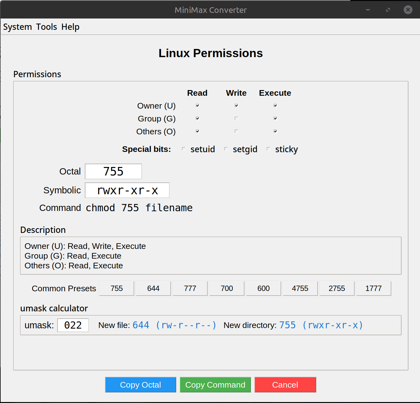 Linux Permissions Calculator — rwx, Octal, chmod — screenshot