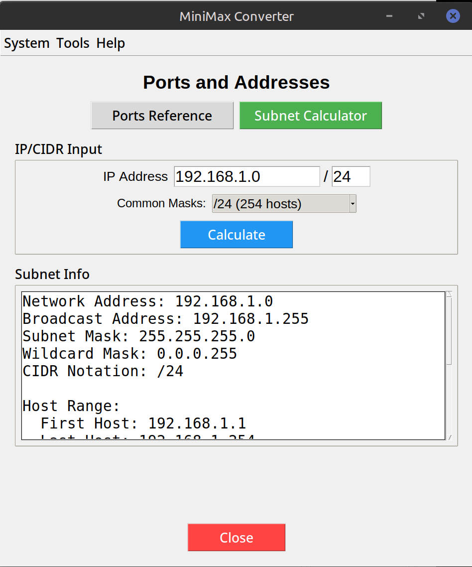 Subnet Calculator + Common Ports Reference — screenshot